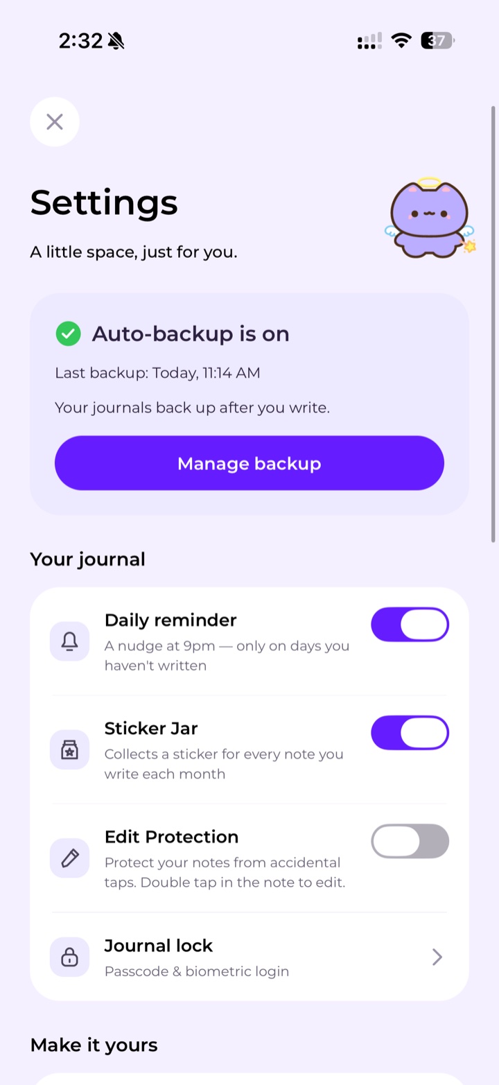 Settings: Auto-backup is on, last backup today