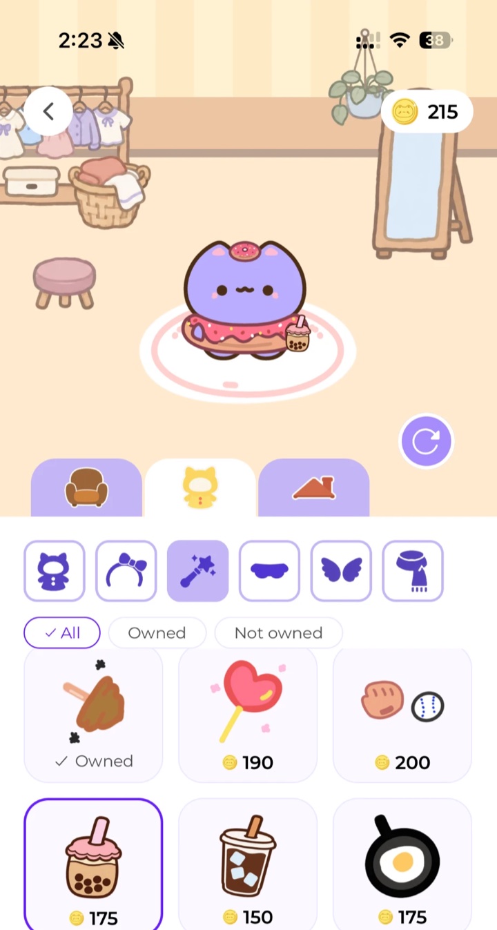 Miuu's dressing room: a donut outfit and bubble tea