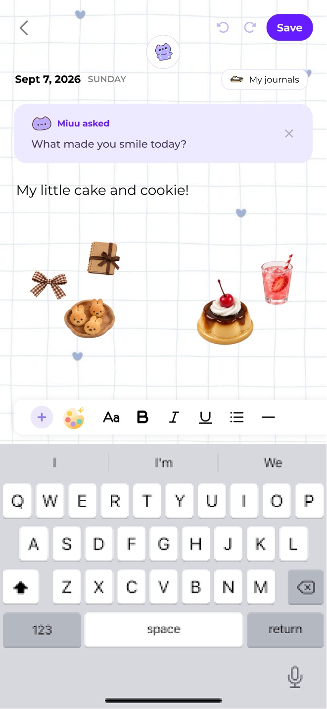 A journal page: Miuu asks what made you smile today