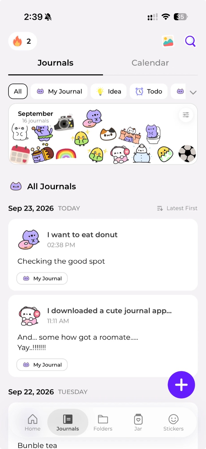 Journals: this month's mood stickers and today's entries