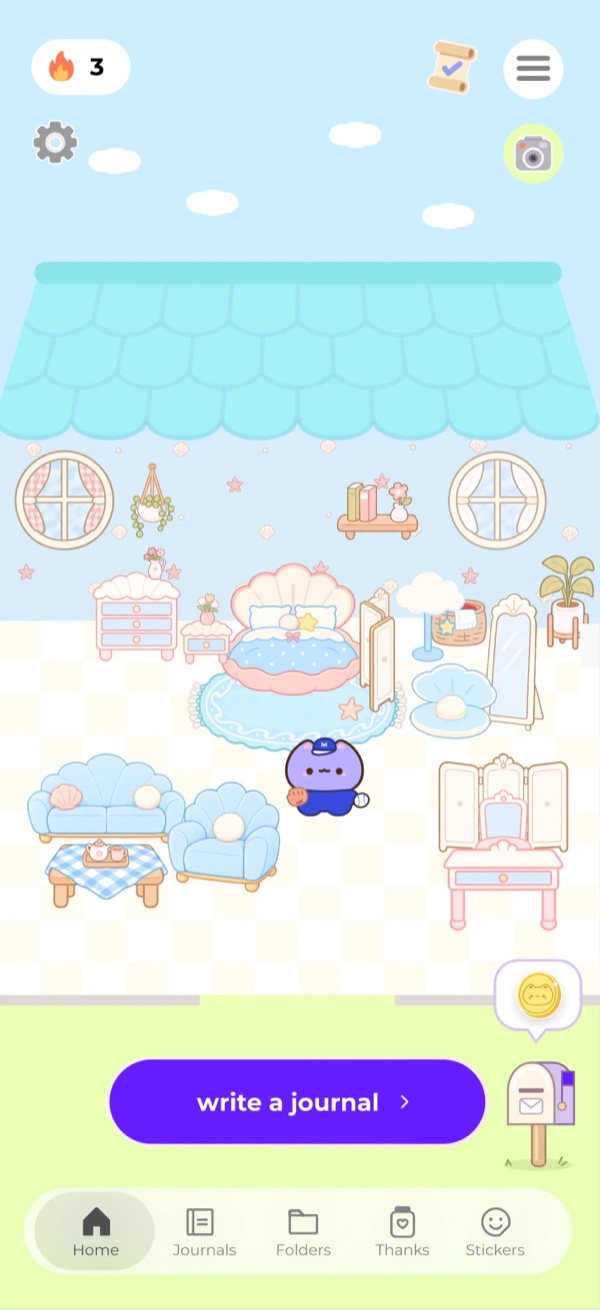Miuu's home with a blue scalloped roof and seashell furniture