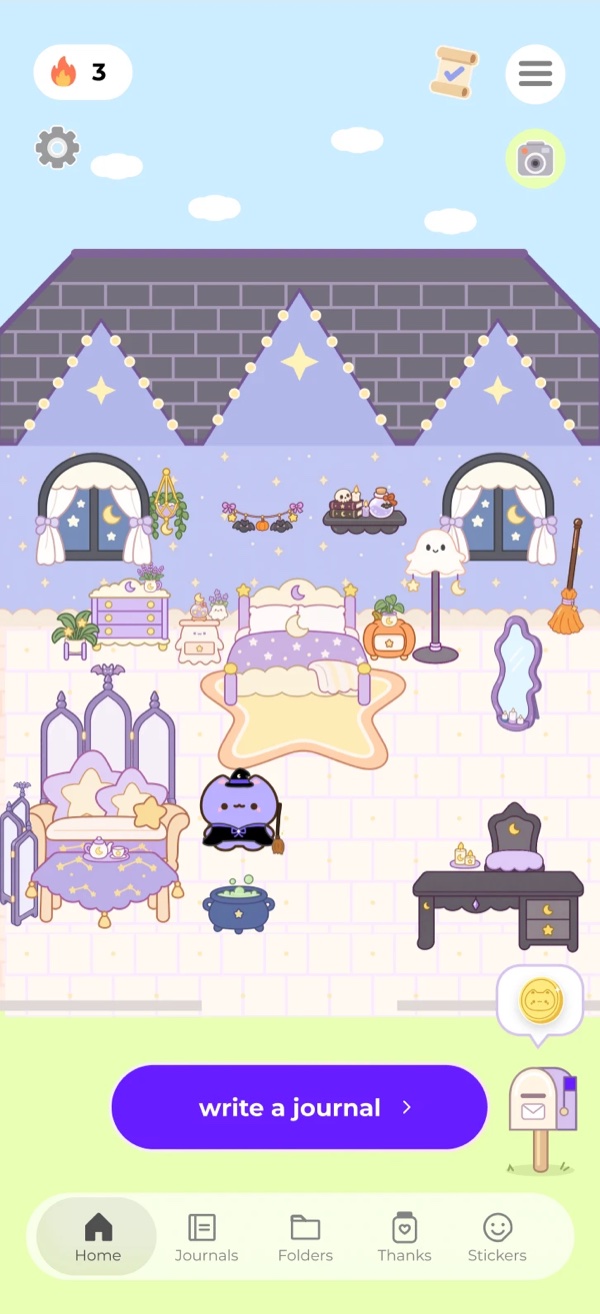 Miuu's home in a witchy purple theme with a cauldron